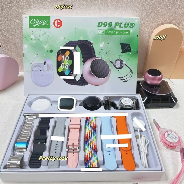 Coffret D99 Plus 3 en 1 : Montre intelligente, Écouteurs sans fil et Mini Enceinte Bluetooth – Le Cadeau Parfait !